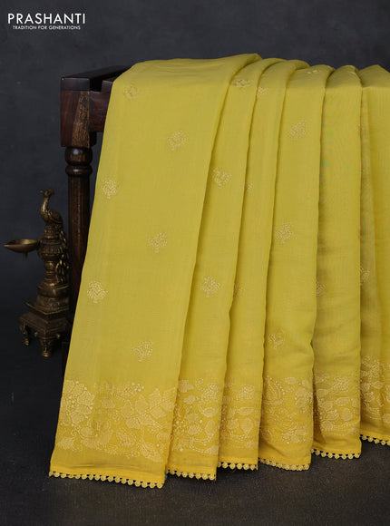 Mul chanderi saree mustard yellow with embroidery buttas and embroidery pallu