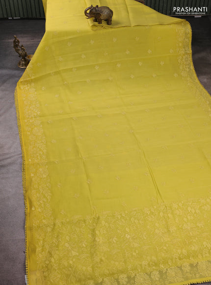 Mul chanderi saree mustard yellow with embroidery buttas and embroidery pallu