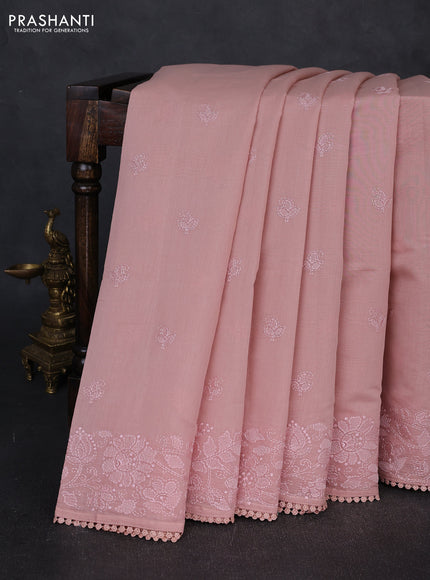 Mul chanderi saree pastel peach with embroidery buttas and embroidery pallu