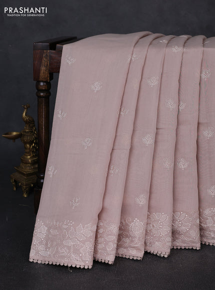 Mul chanderi saree beige with embroidery buttas and embroidery pallu