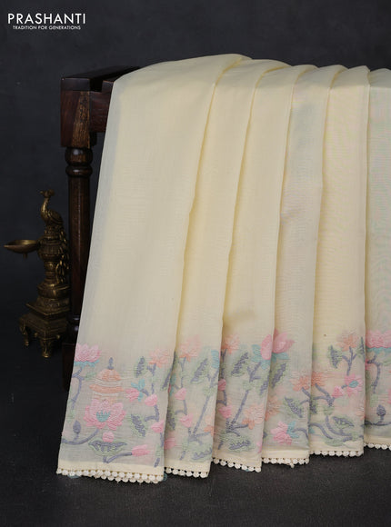 Mul chanderi saree pale yellow with plain body and embroidery border