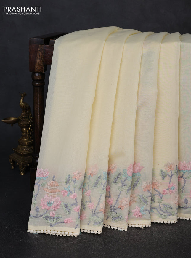 Mul chanderi saree pale yellow with plain body and embroidery border