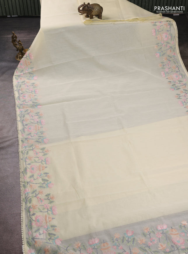 Mul chanderi saree pale yellow with plain body and embroidery border