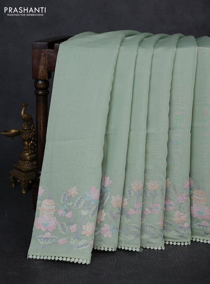 Mul chanderi saree pastel green with plain body and embroidery border
