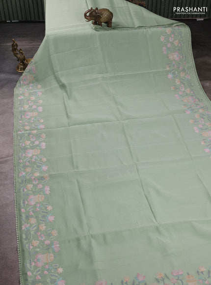 Mul chanderi saree pastel green with plain body and embroidery border