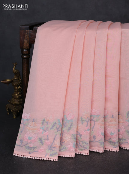 Mul chanderi saree peach shade with plain body and embroidery border