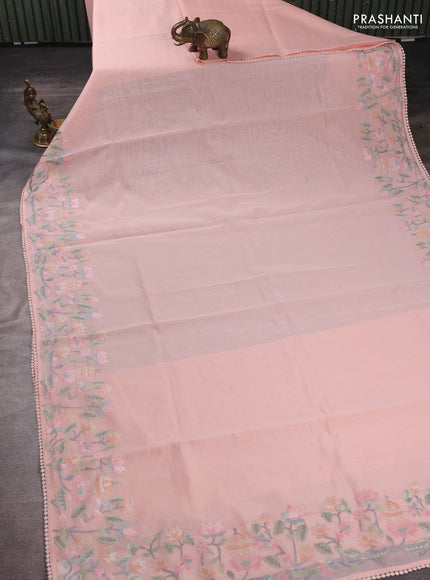 Mul chanderi saree peach shade with plain body and embroidery border