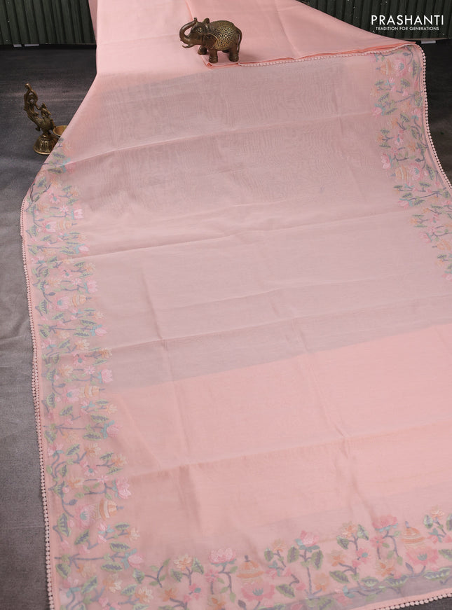 Mul chanderi saree peach shade with plain body and embroidery border