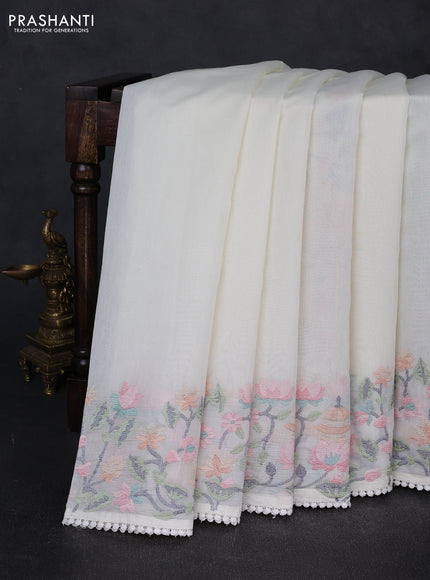 Mul chanderi saree cream with plain body and embroidery border