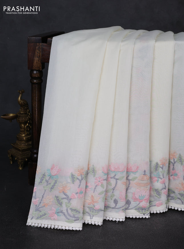 Mul chanderi saree cream with plain body and embroidery border