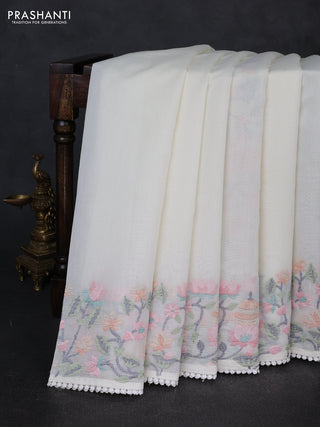 Mul chanderi saree cream with plain body and embroidery border