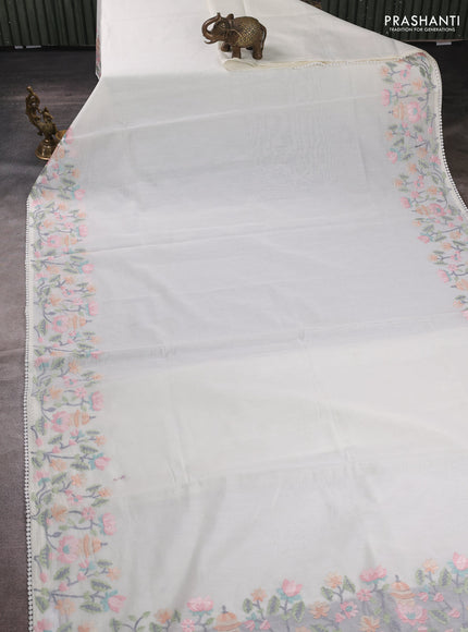 Mul chanderi saree cream with plain body and embroidery border