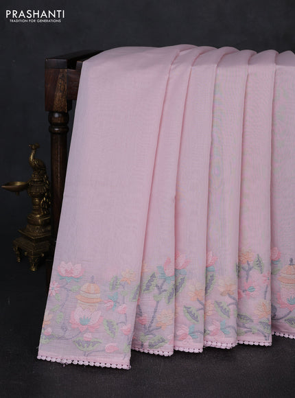 Mul chanderi saree baby pink with plain body and embroidery border