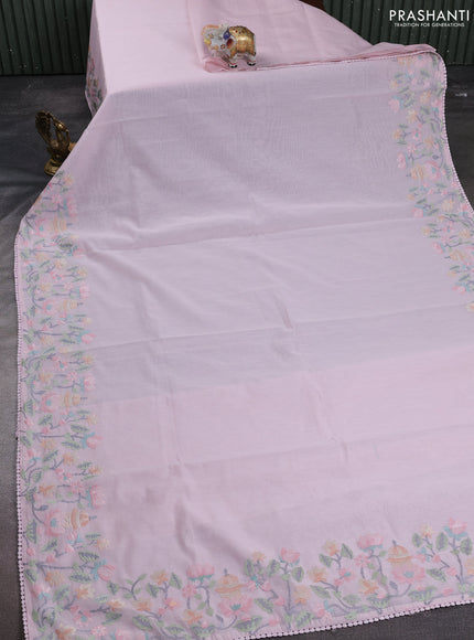 Mul chanderi saree baby pink with plain body and embroidery border