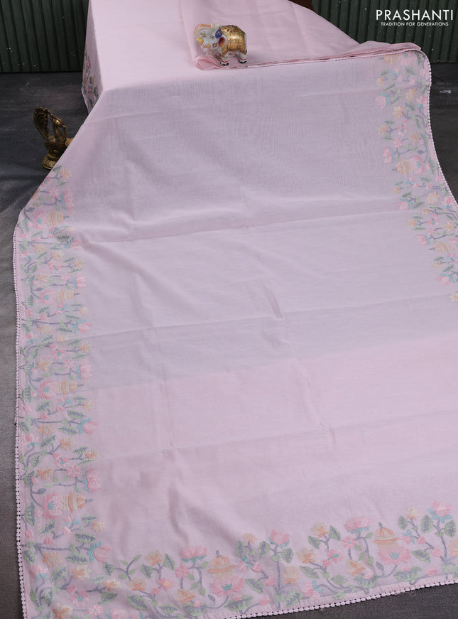 Mul chanderi saree baby pink with plain body and embroidery border