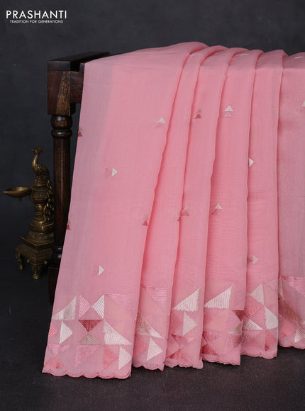Mul chanderi saree peach shade with embroidery buttas and geometric design embroidery border