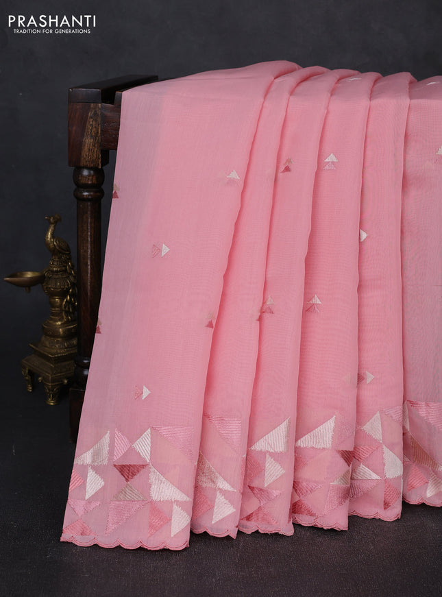 Mul chanderi saree peach shade with embroidery buttas and geometric design embroidery border