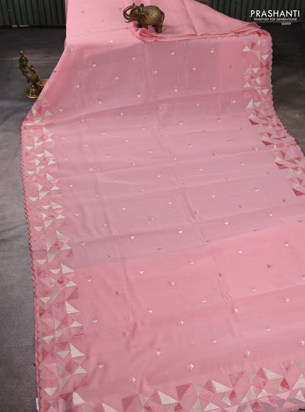 Mul chanderi saree peach shade with embroidery buttas and geometric design embroidery border