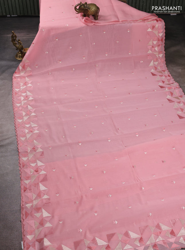 Mul chanderi saree peach shade with embroidery buttas and geometric design embroidery border