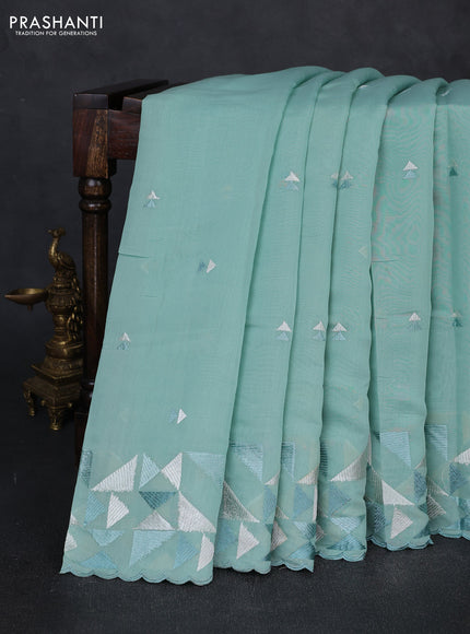 Mul chanderi saree teal green with embroidery buttas and geometric design embroidery border