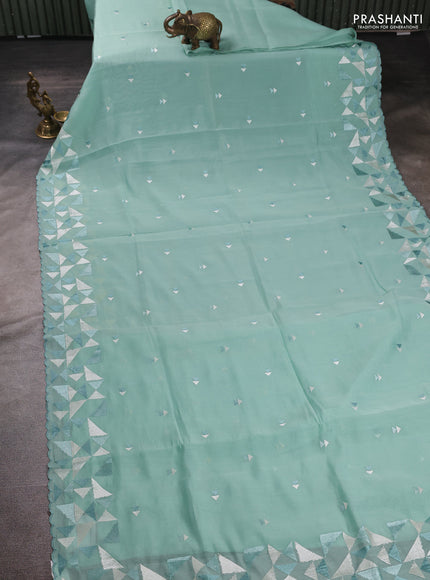 Mul chanderi saree teal green with embroidery buttas and geometric design embroidery border