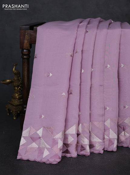 Mul chanderi saree lavender with embroidery buttas and geometric design embroidery border