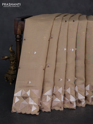 Mul chanderi saree beige with embroidery buttas and geometric design embroidery border