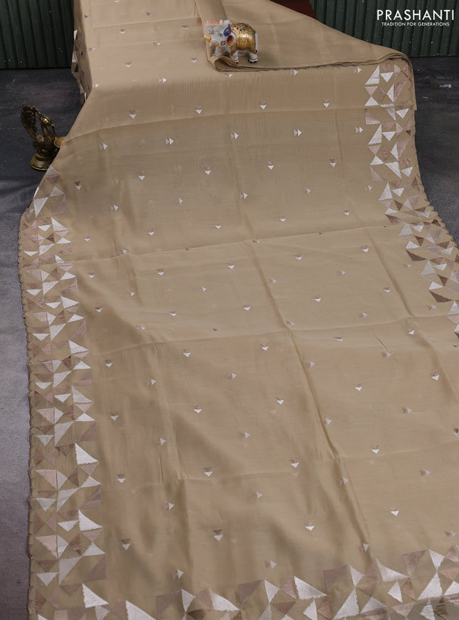 Mul chanderi saree beige with embroidery buttas and geometric design embroidery border