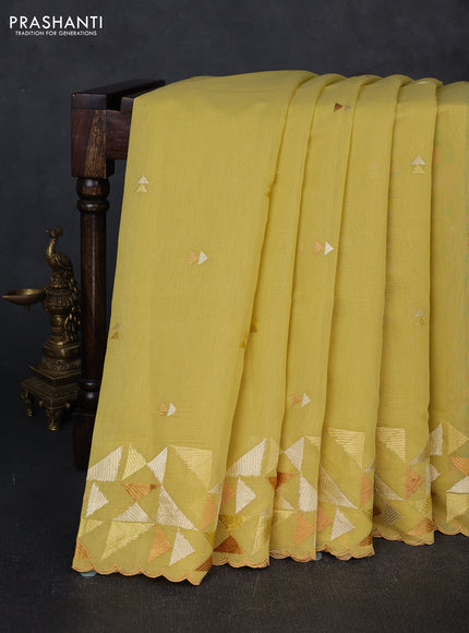 Mul chanderi saree yellow with embroidery buttas and geometric design embroidery border