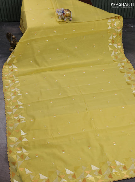 Mul chanderi saree yellow with embroidery buttas and geometric design embroidery border
