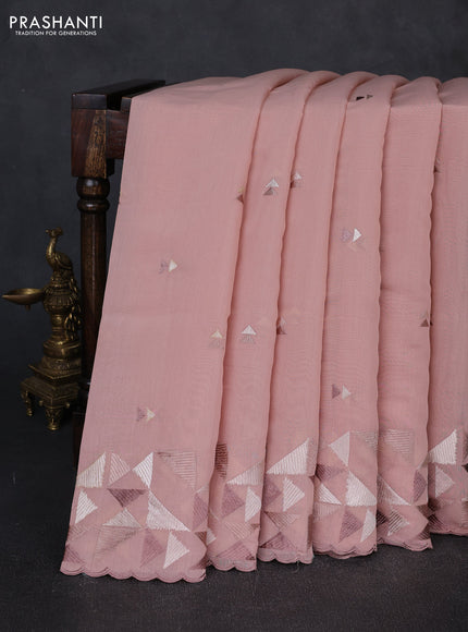 Mul chanderi saree pastel peach with embroidery buttas and geometric design embroidery border