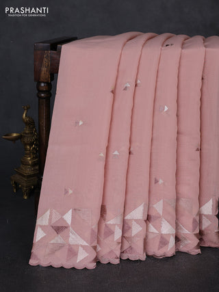 Mul chanderi saree pastel peach with embroidery buttas and geometric design embroidery border