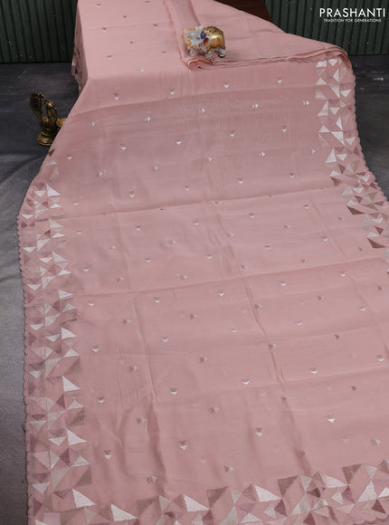 Mul chanderi saree pastel peach with embroidery buttas and geometric design embroidery border