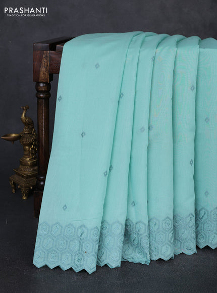 Mul chanderi saree teal green shade with embroidery buttas and embroidery border