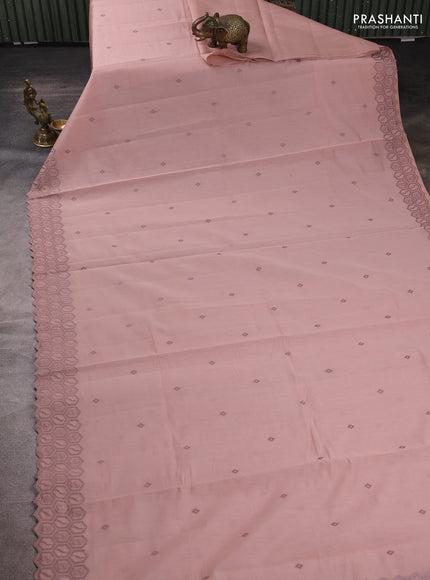 Mul chanderi saree pastel peach shade with embroidery buttas and embroidery border