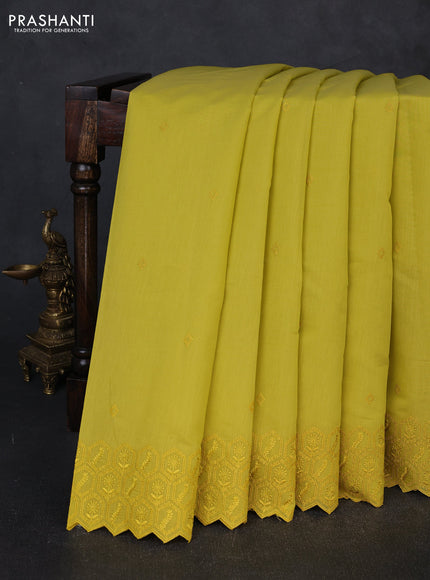 Mul chanderi saree mustard yellow with embroidery buttas and embroidery border