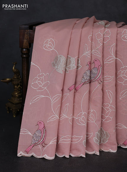 Mul chanderi saree pastel pink shade with allover embroidery work and scallop border