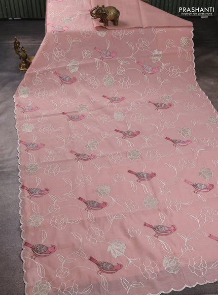 Mul chanderi saree pastel pink shade with allover embroidery work and scallop border