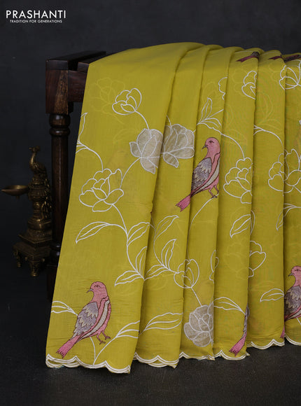 Mul chanderi saree yellow with allover embroidery work and scallop border