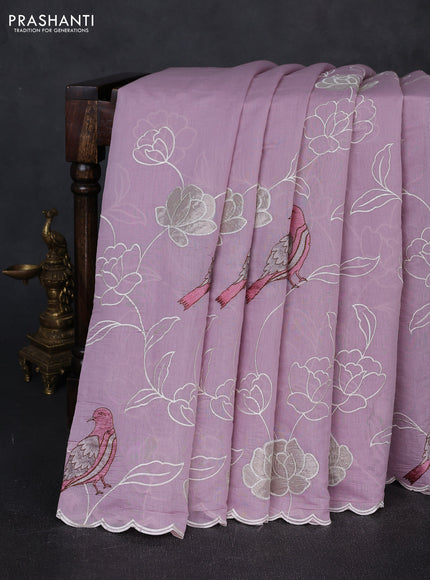 Mul chanderi saree mild lavender with allover embroidery work and scallop border