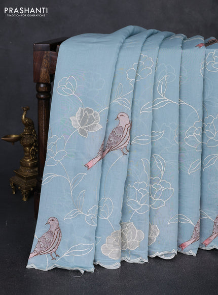 Mul chanderi saree pastel blue with allover embroidery work and scallop border