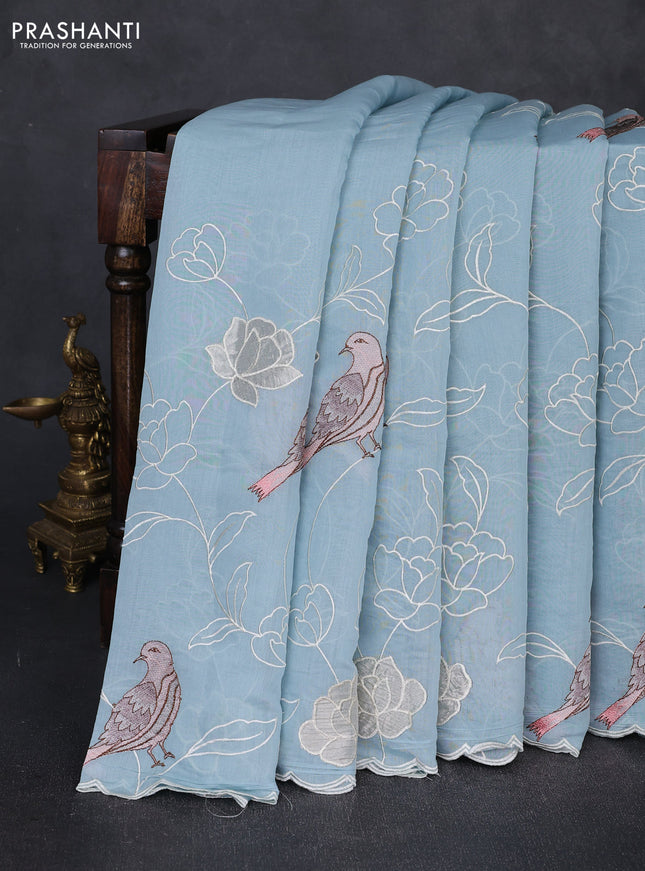 Mul chanderi saree pastel blue with allover embroidery work and scallop border