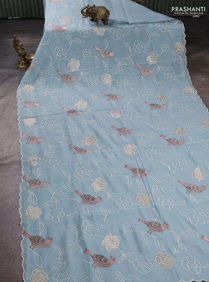 Mul chanderi saree pastel blue with allover embroidery work and scallop border