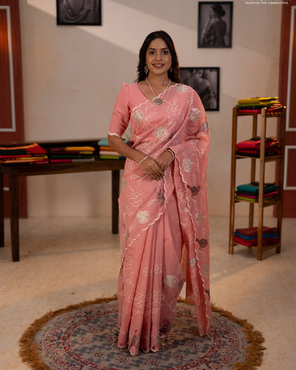 Mul chanderi saree peach pink with allover embroidery work and scallop border