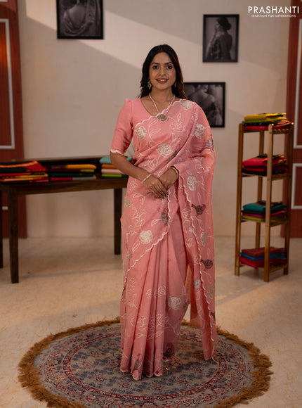Mul chanderi saree peach pink with allover embroidery work and scallop border