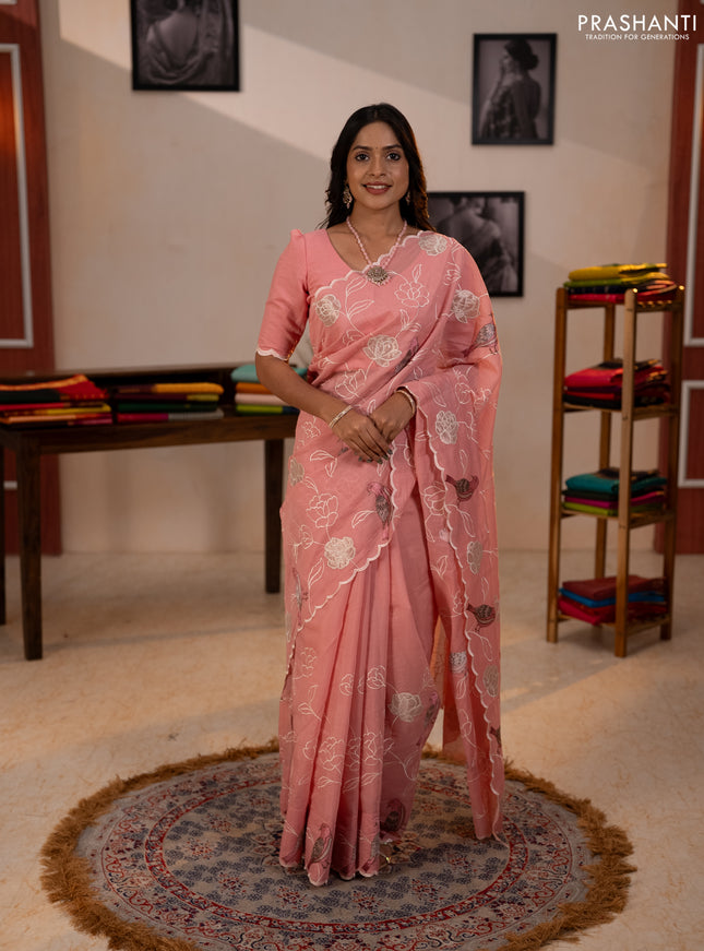 Mul chanderi saree peach pink with allover embroidery work and scallop border