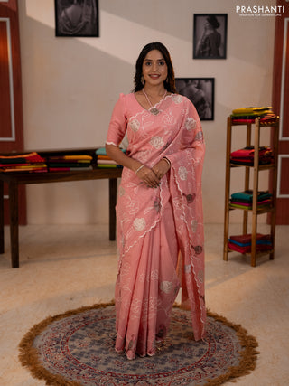 Mul chanderi saree peach pink with allover embroidery work and scallop border