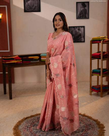 Mul chanderi saree peach pink with allover embroidery work and scallop border