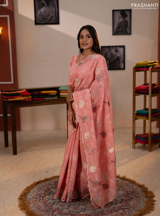 Mul chanderi saree peach pink with allover embroidery work and scallop border