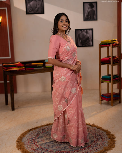 Mul chanderi saree peach pink with allover embroidery work and scallop border